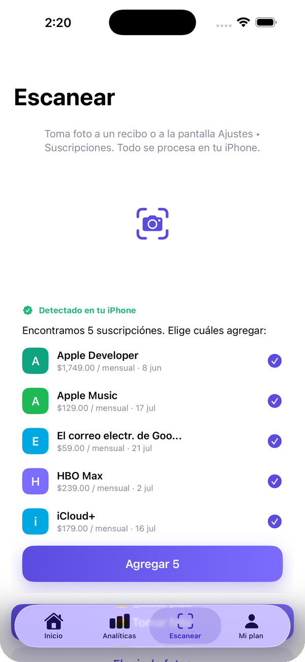 Escaneo de suscripciones en Duzzly